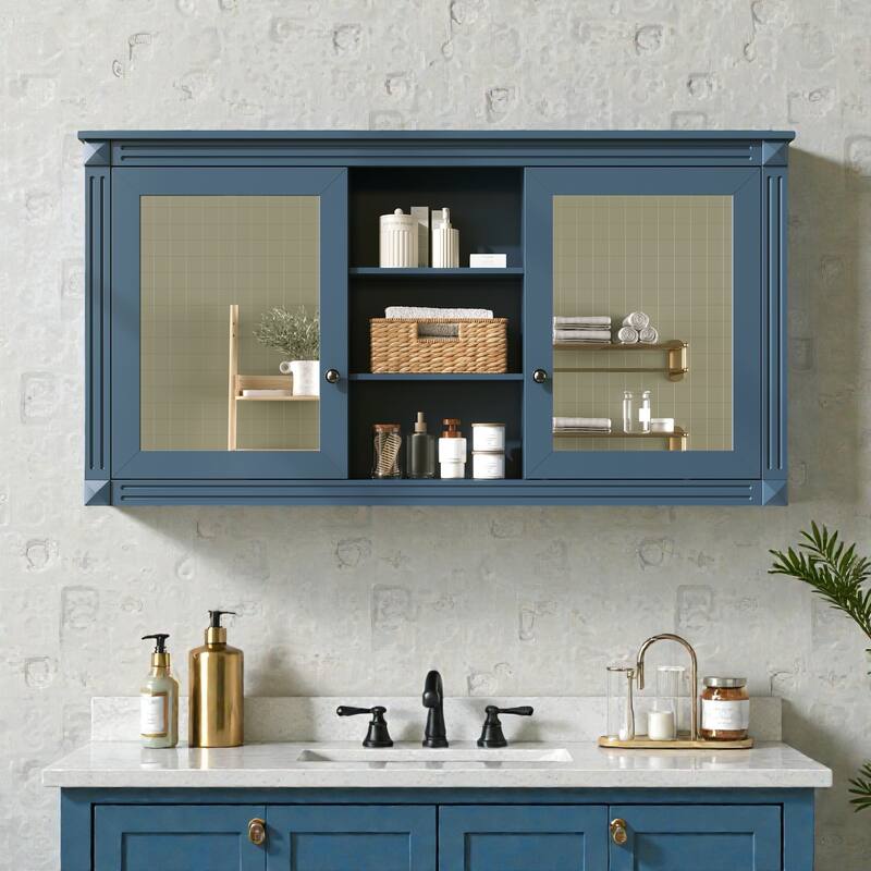55 Inch Wall Mount Medicine Cabinet with Dual Mirrors, Adjustable Shelves and Soft Close Hinges - Blue