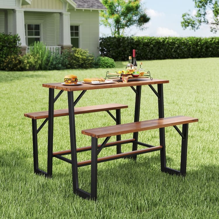 Natural Black Acacia Wood Outdoor Picnic Table with Metal Frame and Benches - 53" × 49.5" × 39.5"
