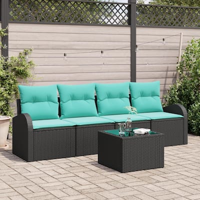 vidaXL 5 Garden Sofa Set with Cushions Black Poly Rattan - 92.1 x 24.4 x 27.2