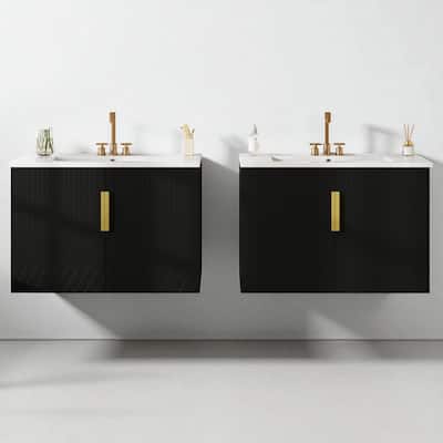 60" Wall Mounted Bathroom Vanity with Ceramic Sink, Soft Close Doors & Adjustable Shelf, MDF Solid Wood Cabinet