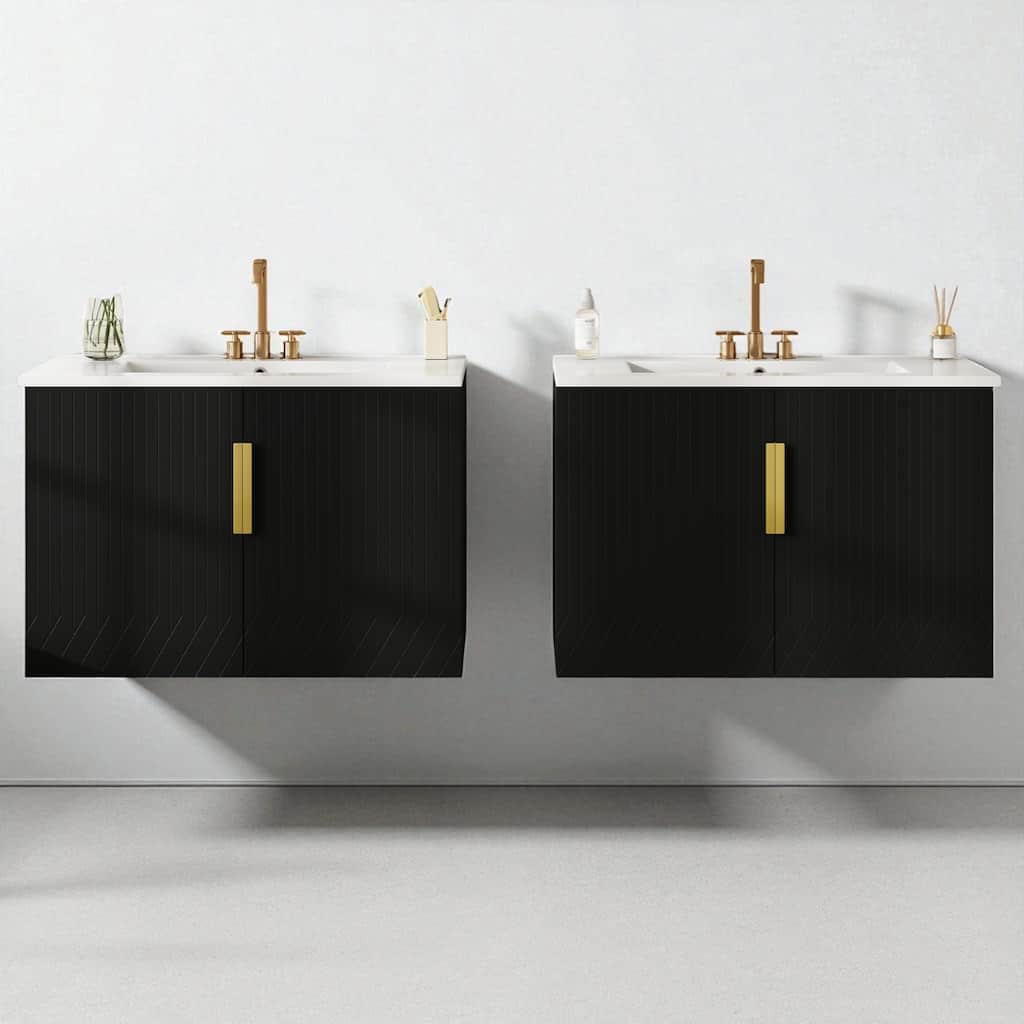 60" Wall Mounted Bathroom Vanity with Ceramic Sink, Soft Close Doors & Adjustable Shelf, MDF Solid Wood Cabinet