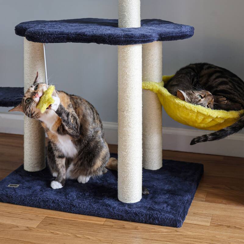 Aurora 49" 3-Tier Modern Sisal Moon And Stars Cat Tree with Scratching Posts, Basket, and Fuzzy Bell Toys, Navy/Yellow/White