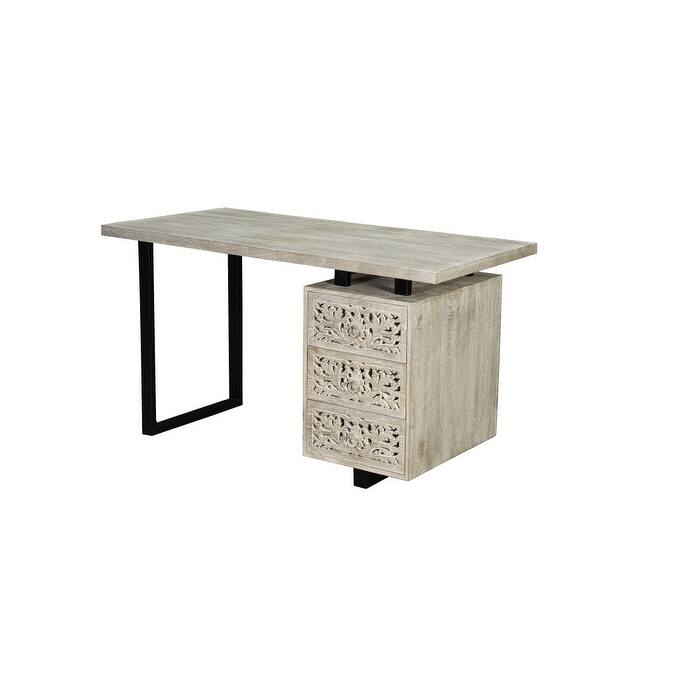 HomeRoots 54" White and Black Solid Wood and Metal Carved Floral Desk With Three Drawers