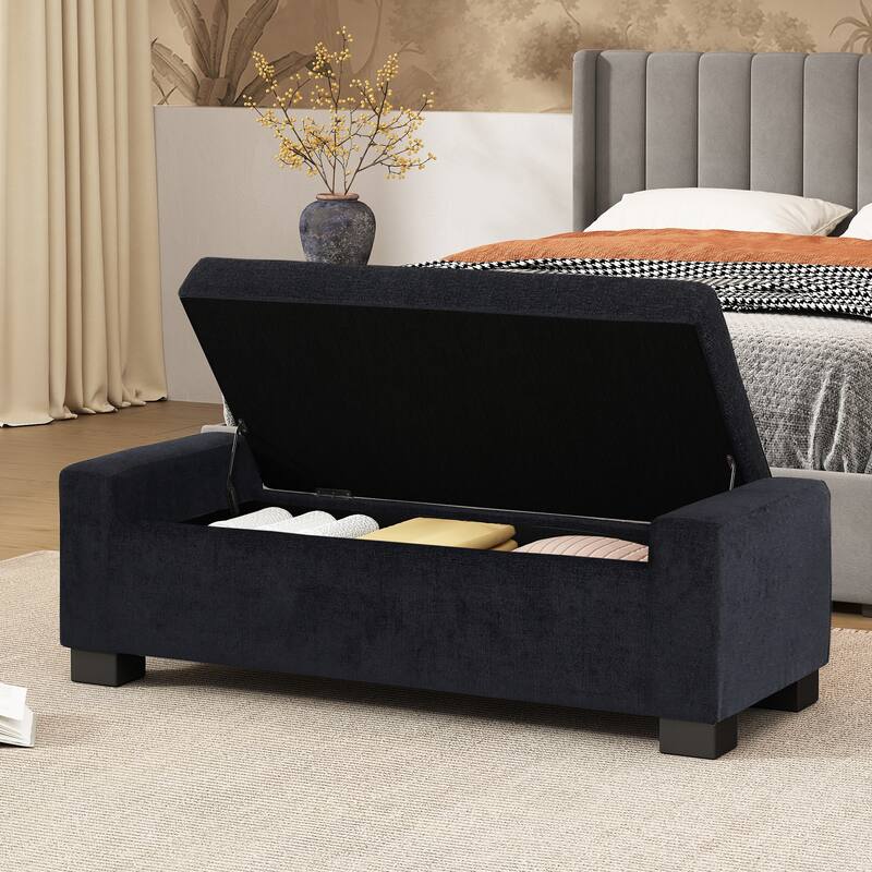 Fabric Upholstered Storage Ottoman with Flip-Lid Top-Dark Blue