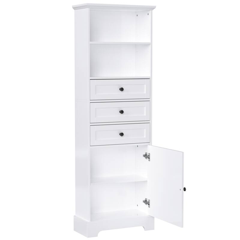 White Tall Storage Cabinet With 3 Drawers And Adjustable Shelves For Bathroom