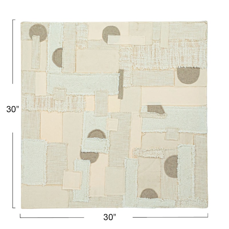 Cotton and Wool Patchwork Wall Hanging with Oak Wood Frame - 30.0"L x 1.1"W x 30.0"H