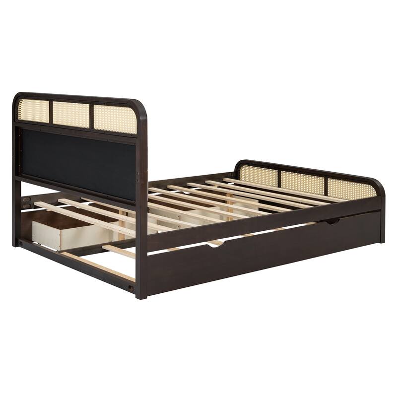 Queen size Wooden Platform Bed with Twin Trundle and 2 Storage Drawers, Classic Rattan Bed Frame with Upholstered Headboard