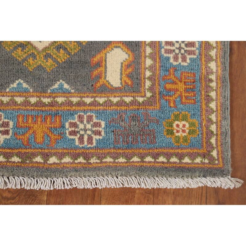 Gray Geometric Kazak Oriental Runner Rug Handmade Grey Wool Carpet - 2'1" x 10'1"