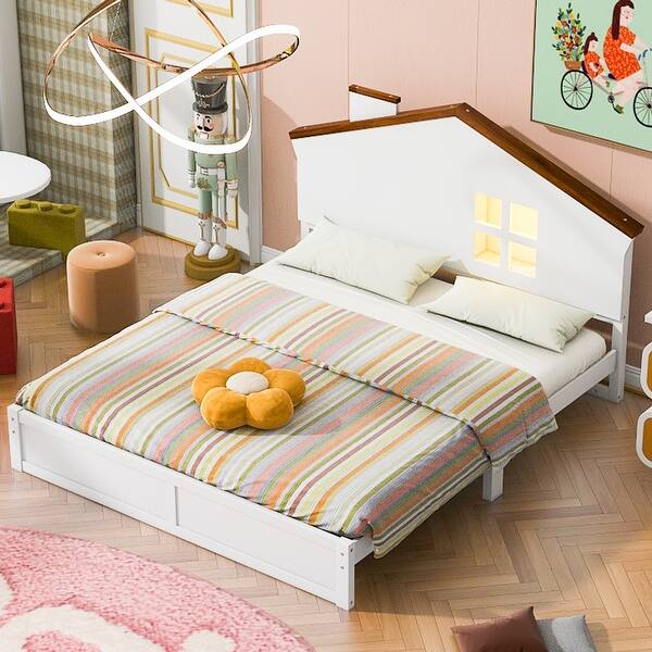 slide 2 of 7, Full Size Wood Platform Bed with LED-Lit House Headboard - Modern and Unique White - Full