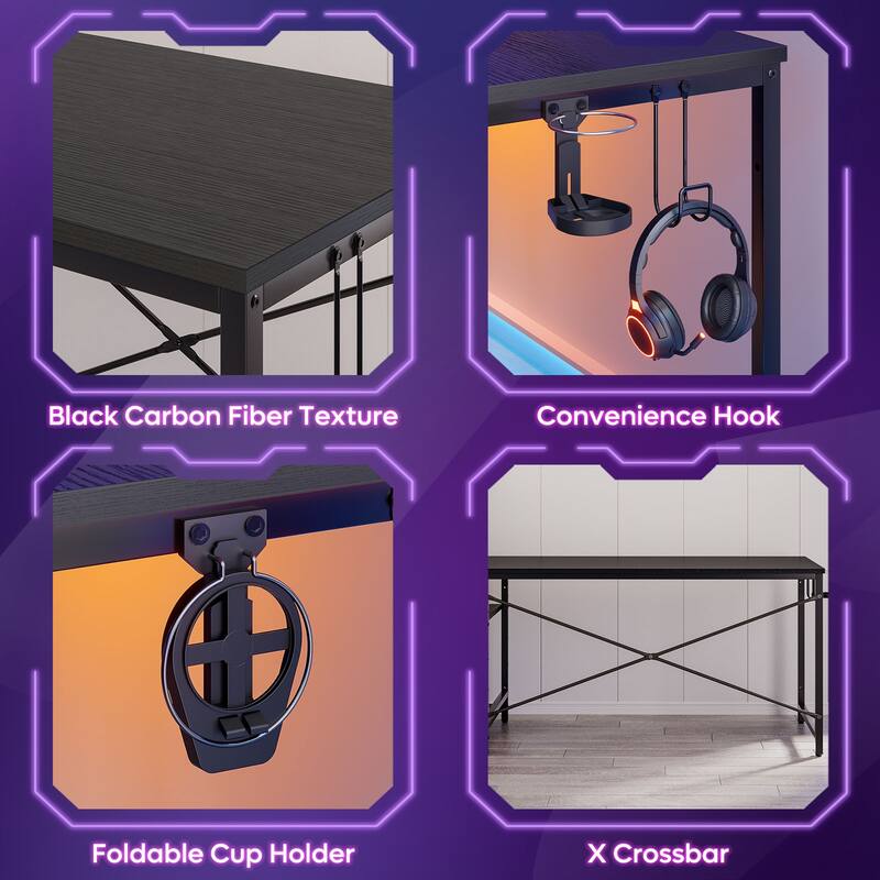 Bestier 61 in. Rectangular Gaming Desk with RGB LED Lights Computer Desk with 4 Tier Storage Shelves and Hook