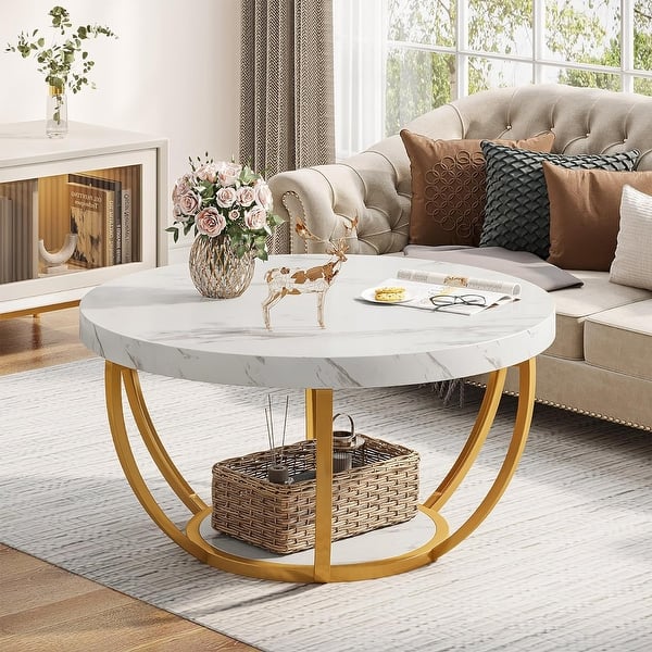 slide 2 of 7, 31.7" Round Coffee Table, Modern 2-Tier Center Table Sofa Side Table White and Gold