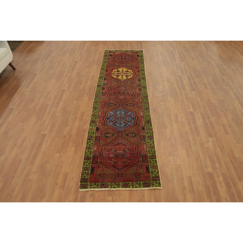 Hand Knotted Oriental 100% Wool Carpet Traditional Tribal Brown Ardebil Runner Rug - 10' 7'' X 2' 10''