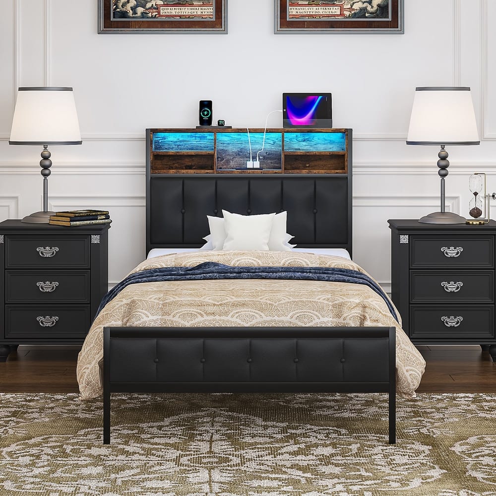 Javlergo Upholstered Platform Bed Frame with LED Lights and Storage Headboard LED Bed Frame with Outlets and USB Ports