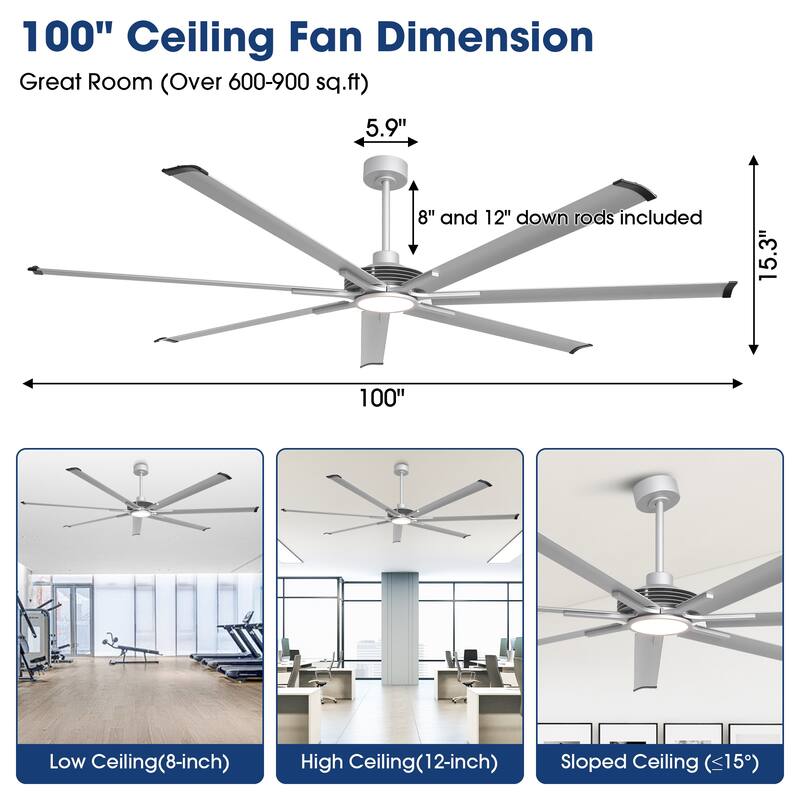 100" Indsutrial Silver Extra Larger Commercial Ceiling Fan with Light and Remote