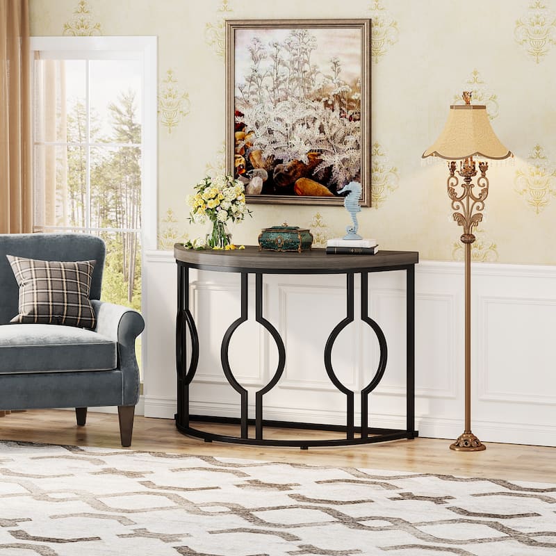 43" Half Moon Console Table for Entryway, Industrial Semi Circle Sofa Table with Geometric Base