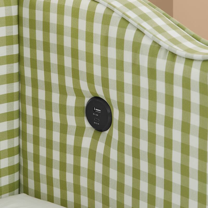 Cozy Gingham Daybed with Trundle Bed, Twin Size Upholstered Sofa Bed with USB Port, Linen Fabric Twin Sofa Bed Frame