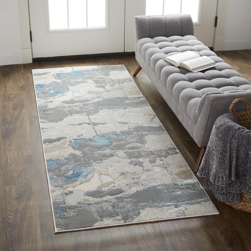 Grand Bazaar Aurelian Machine Made Watercolor Modern Area Rug - 2'10" x 7'10" - Ivory/Gray/Blue
