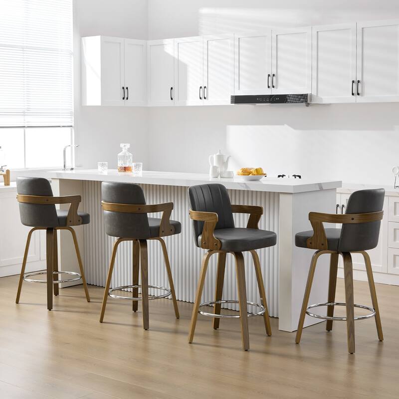 Upholstered Swivel Barstool with Arms and Bentwood Legs - 40.8"H x 18.9"W x 19.5"D/19.3"D