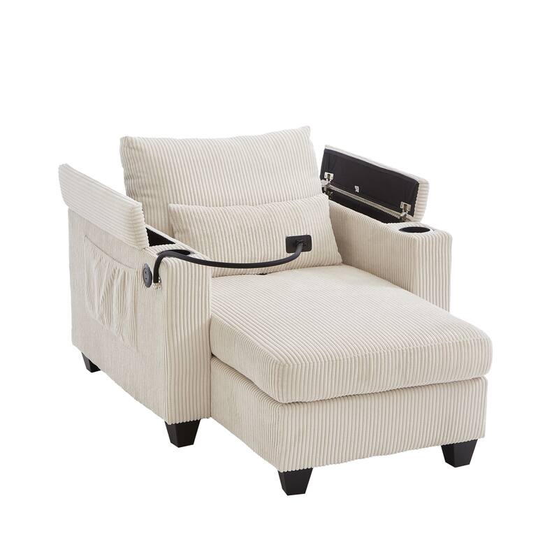 Convertible Chaise Lounge Sofa Chair with USB Ports, Storage 37.4" Corduroy Sleeper Sofa Bed with Adjustable Backrest