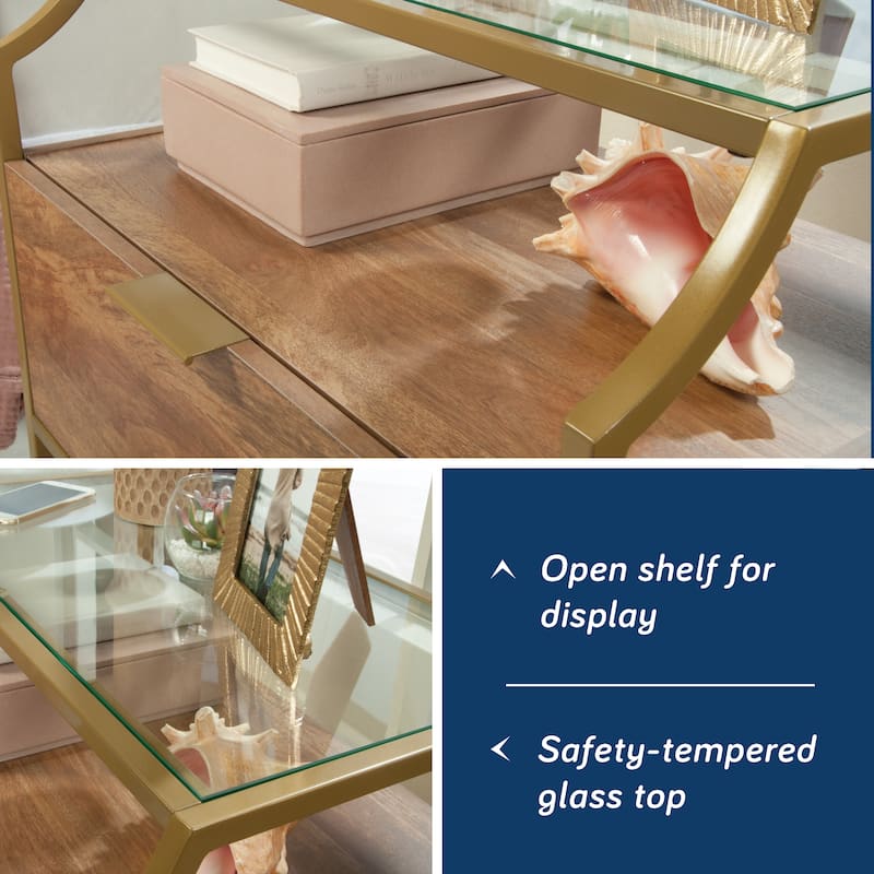 Engineered Wood Contemporary Night Stand with Upper Glass Shelf, Brown