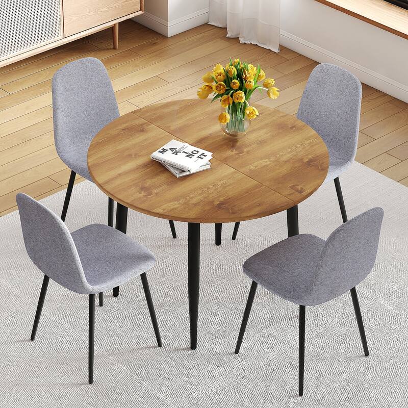 5 Piece 42-52" Extendable Round Dining Table Set with 4 Linen Chairs, Adjustable Home/Office Table Set for Small Spaces, Seats 4