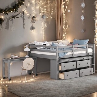 Functional Full Size Wooden Loft Bed with Retractable Writing Desk and 4 Drawers, Solid Construction, Versatility galore, Grey