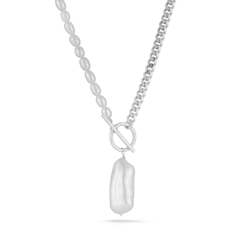 Soleil Sterling Silver Freshwater Pearl Mixed Chain Toggle Necklace - White