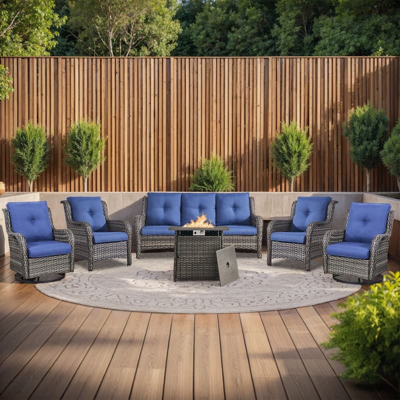 Pocassy Fire Pit Table with Sofa Swivel Chairs Set - Grey Wicker Blue Cushion - 6 Pieces Sofa Chairs with Fire Table