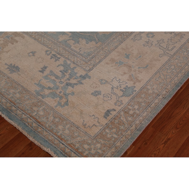 Floral Vegetable Dye Blue Oushak Turkishrug Hand-Knotted Wool Carpet - 9'7"x 13'3"
