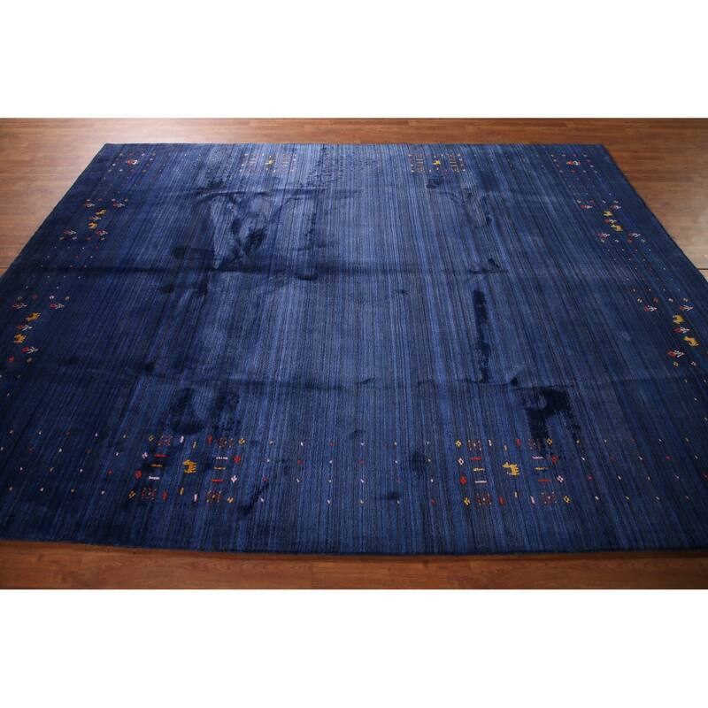 Blue Striped Gabbeh Oriental Area Rug Handmade Silk Carpet - 7'8"x 9'7"
