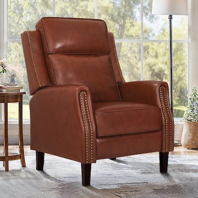 Wooden Frame Genuine Leather Recliner Push Back Recliner Chair with 3 Adjustable Backrest for Living Room, Bedroom