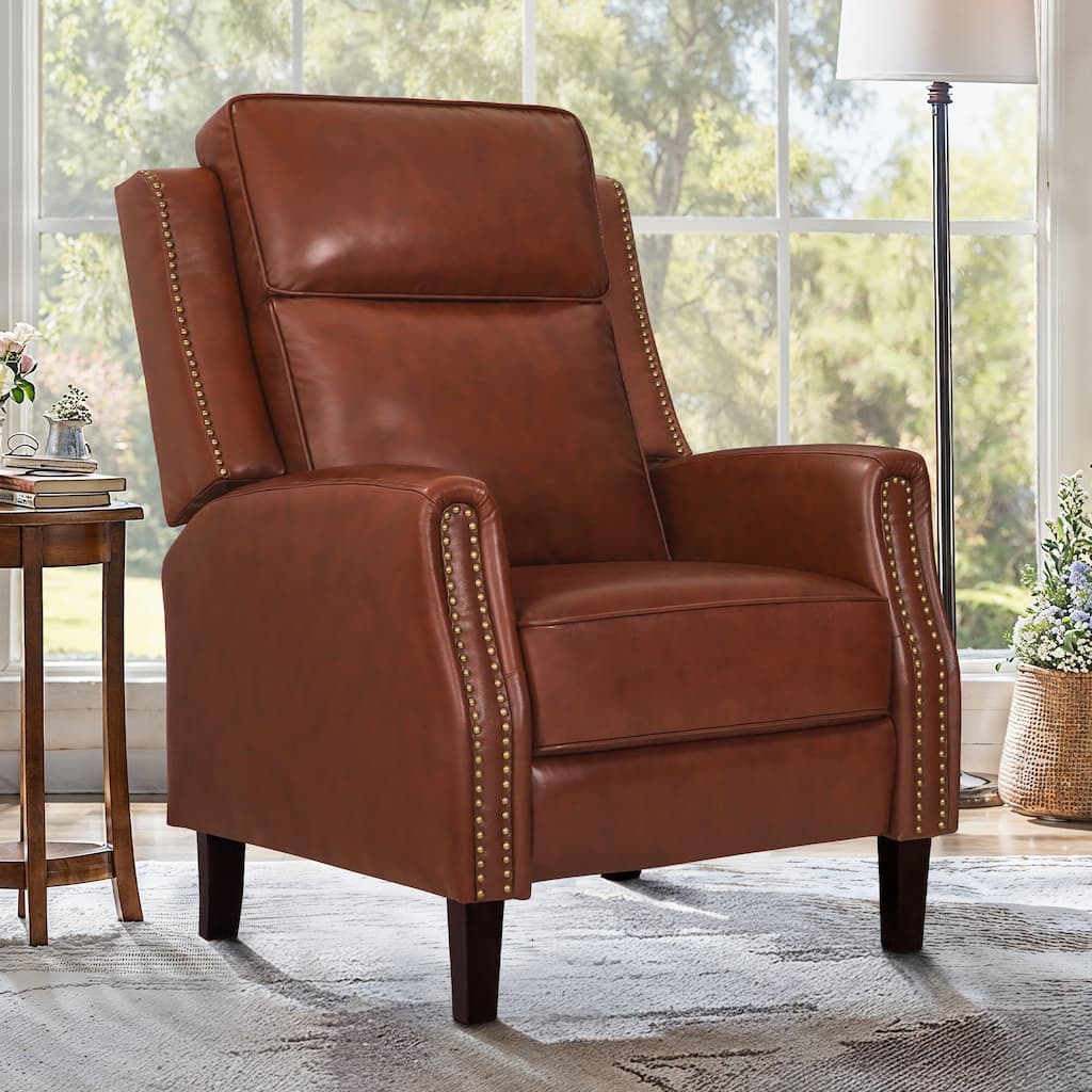 Wooden Frame Genuine Leather Recliner Push Back Recliner Chair with 3 Adjustable Backrest for Living Room, Bedroom