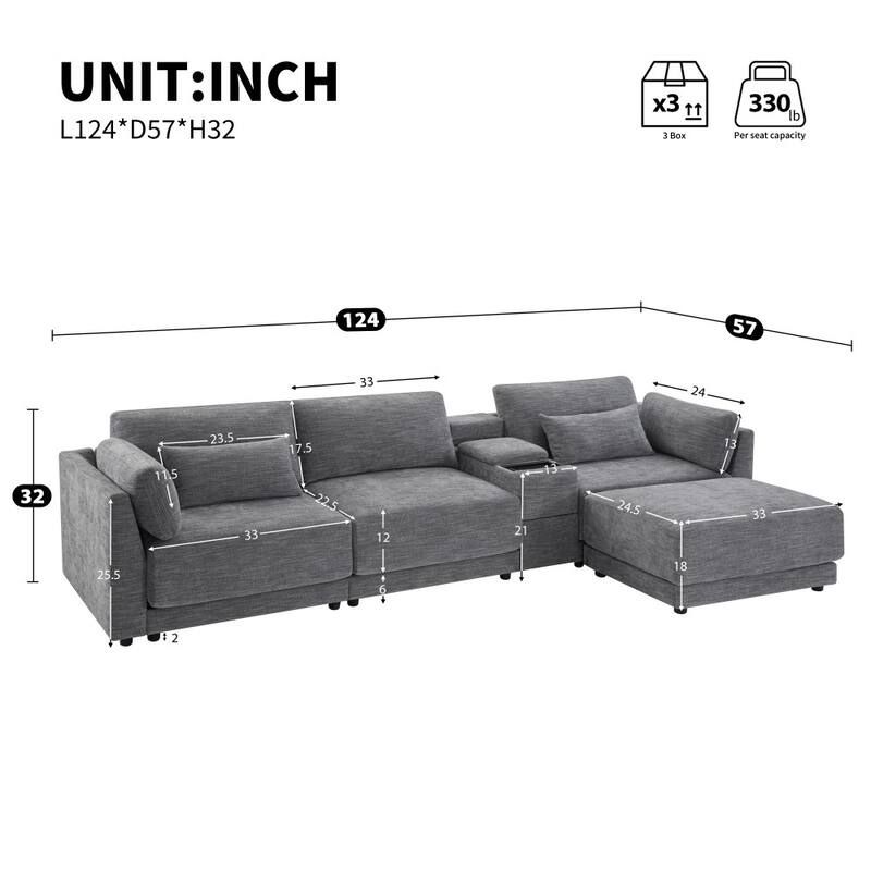 124'' Modular Chenille Sectional Sofa with Storage Console and Movable Ottoman, USB Charger for Living Room
