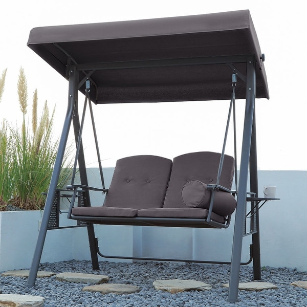 PURPLE LEAF 2-seat Outdoor Porch Swing with Adjustable Tilt Canopy and Stand