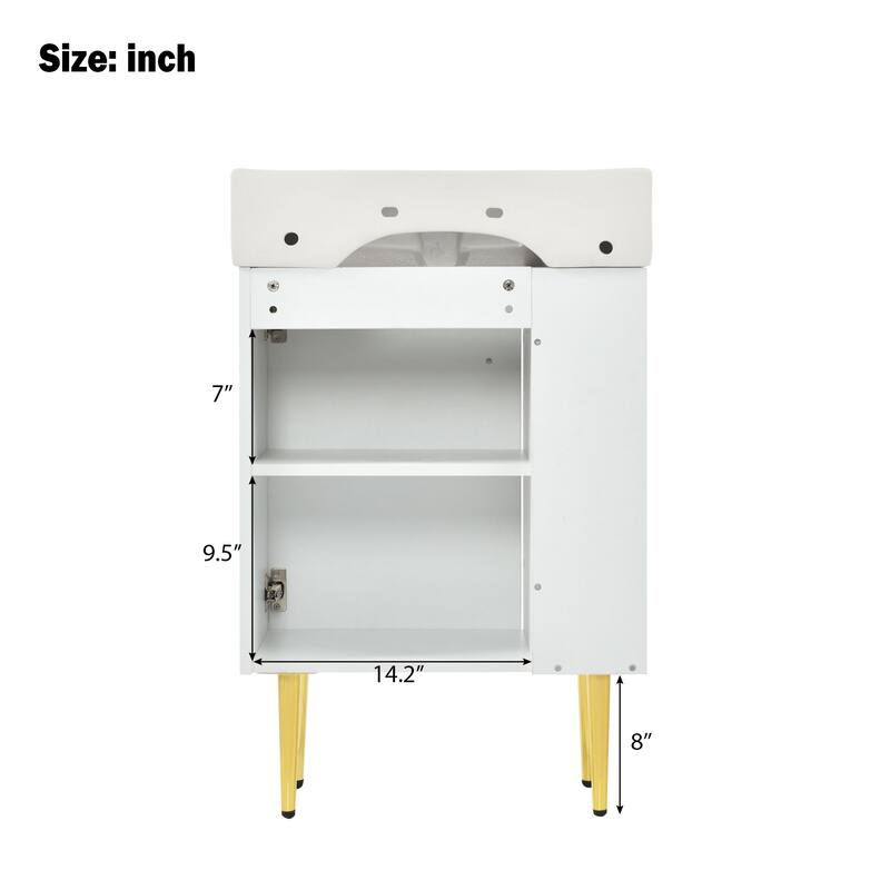 21.6" White Bathroom Vanity with Ceramic Sink Freestanding Cabinet Left Side Storage and Soft Close Door