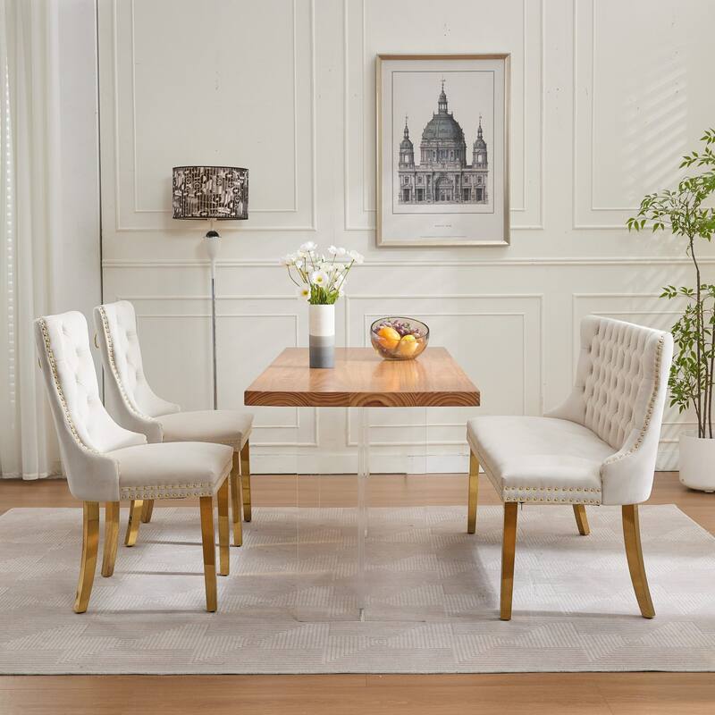 Roomfitters Upholstered Loveseat Bench with Nailhead Trim and Gold Metal Legs, Modern High Back Settee for Dining Room, Beige