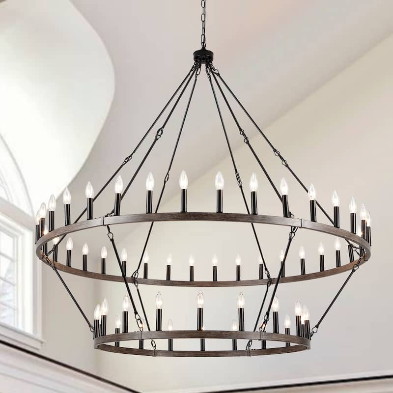 60 in. 54-Light 2 Tier Extra Large Farmhouse Wagon Wheel Chandelier - Black+Brown