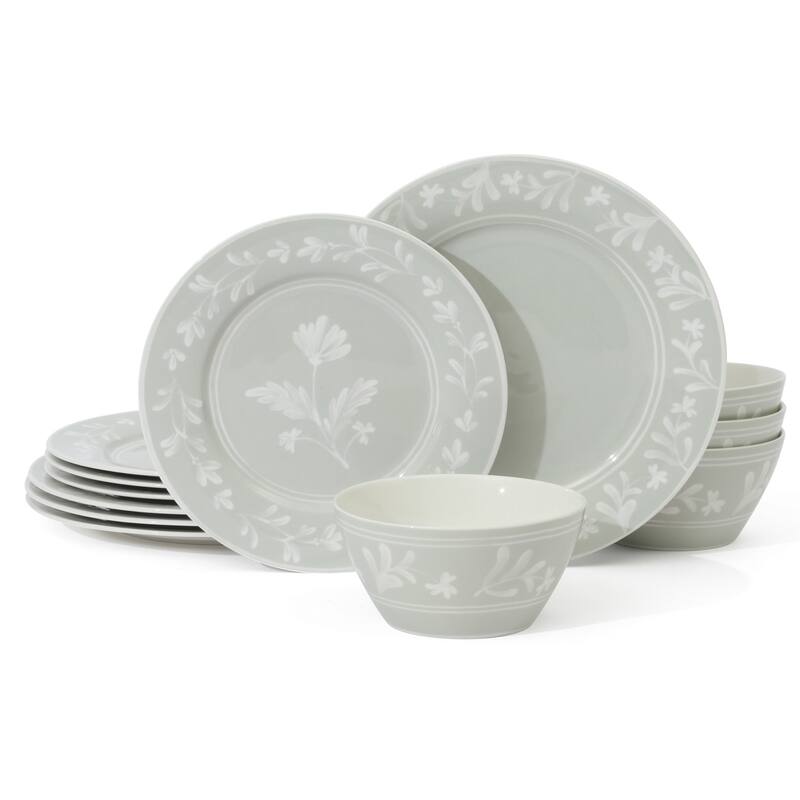 Martha Stewart Maiden Crown 12-Piece Dinnerware Set - Vegan Bone China Ceramic Plates & Bowls - Floral Design - Service for 4 - Lite Green