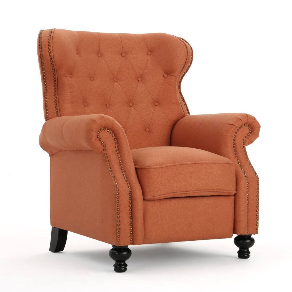 Pushback Manual Recliner Chair, Tufted Wingback, Rolled Arms, Orange