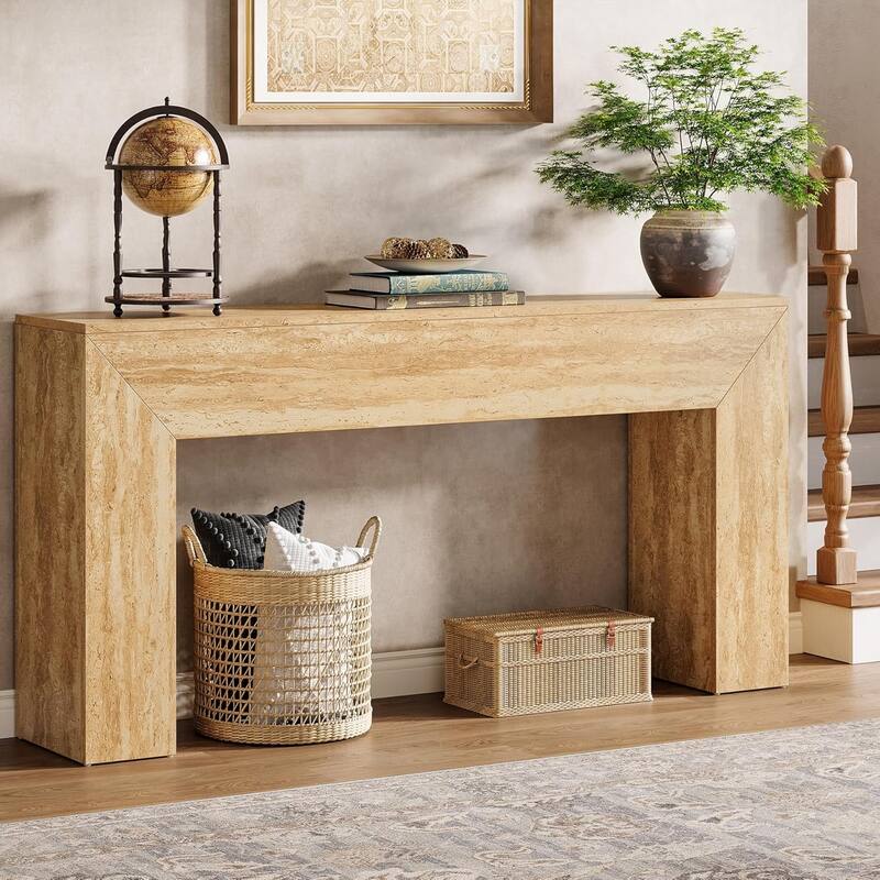 63" Modern Entryway Table with Faux Travertine Finish and Heavy Duty Legs for Entrance