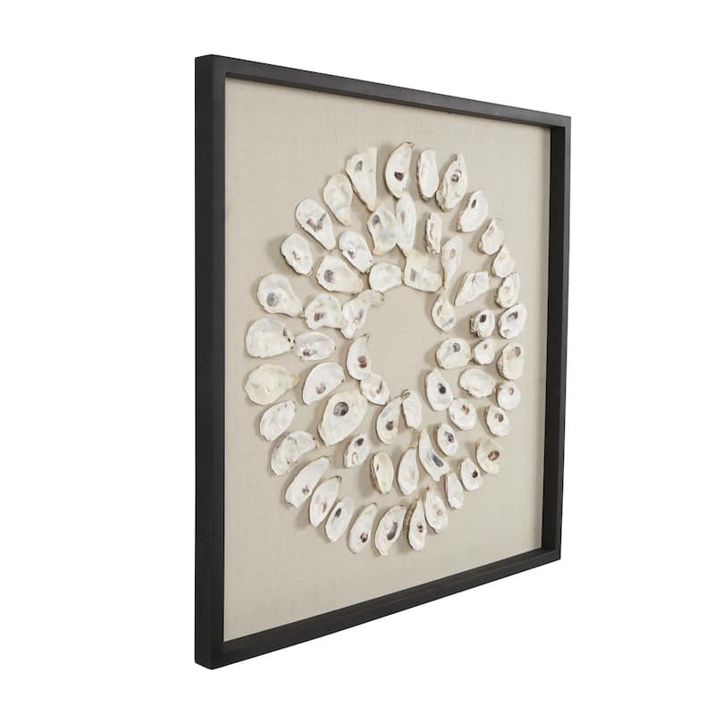 Shell Handmade Abstract Circular Wall Decor with Beige Linen Backing and Black Frame - Cream - Roche River Decor