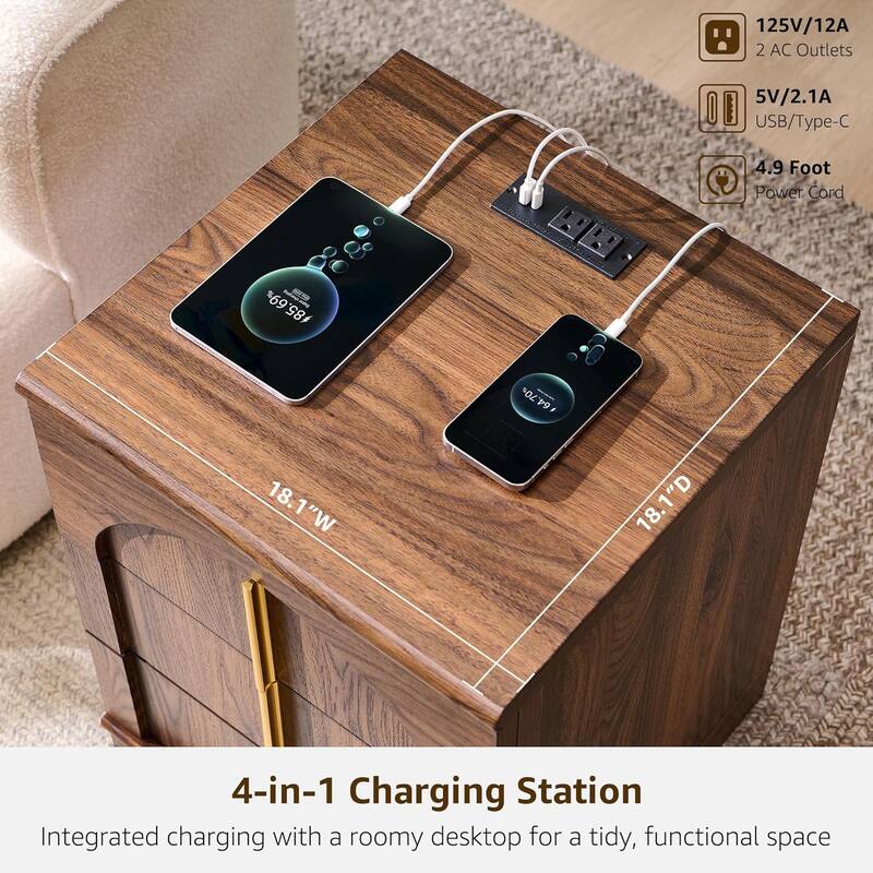 Modern Arched 3 Drawers Nightstand with Charging Station, Side Table