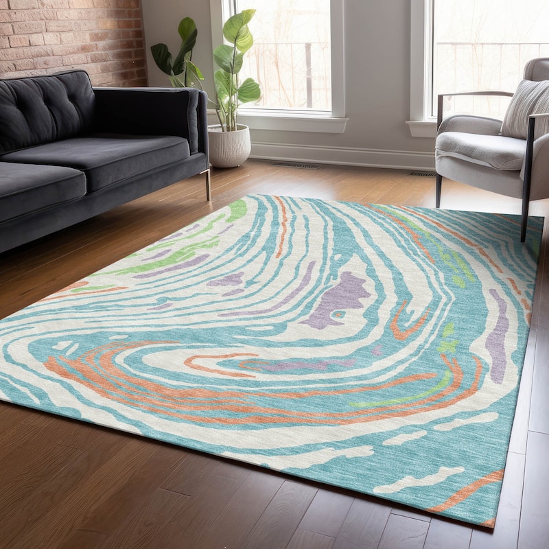 Machine Washable Indoor/ Outdoor Abstract Brushstrokes Chantille Rug - Linen - 3' x 5'