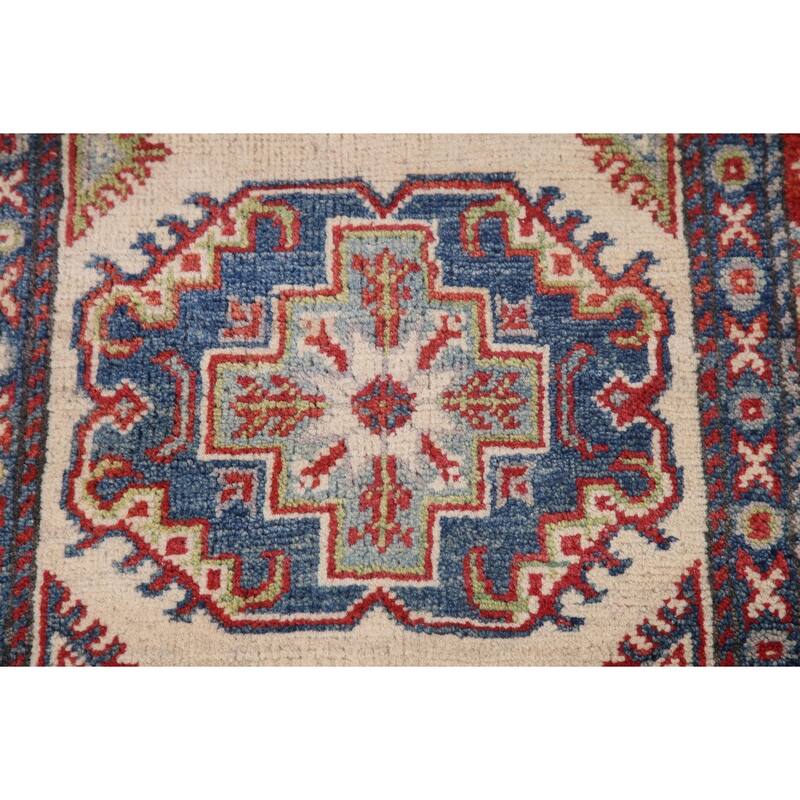 Geometric Kazak Runner Rug Handmade Beige Oriental Wool Carpet - 2'7" x 15'5"