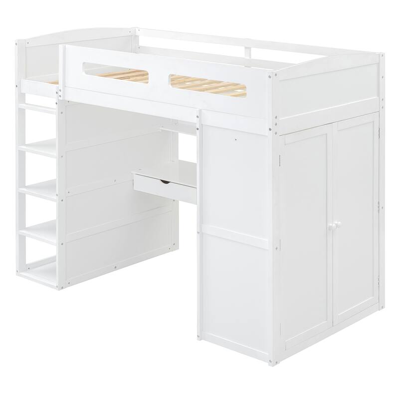 Twin/Full Size Loft Bed with Bulit-in Wardrobes, Desk and 4 Drawers, Solid Wood Loft Bedframe with 4-Tier Storage Shelves