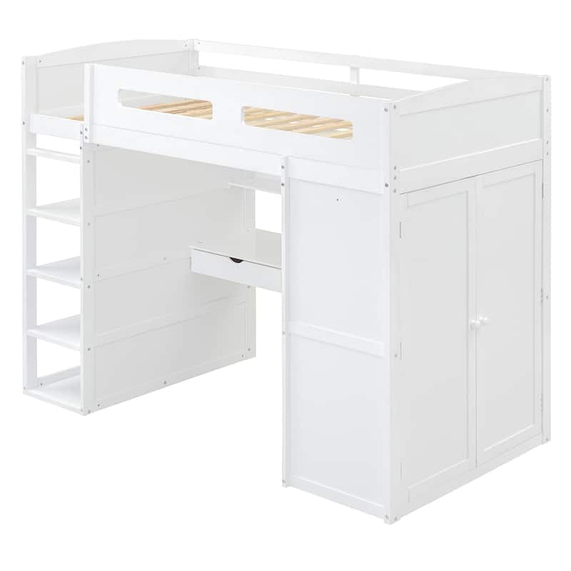 Twin Size Solid Wood Loft Bed with Desk, Wardrobes, 4 Drawers and 4 Shelves for Kids, Bedroom