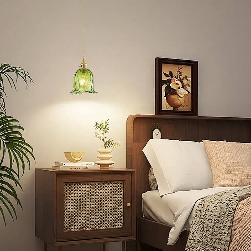 Modern 1 Light Green Stamen Shaped Glass Pendant Light Electroplated Brass Ceiling Fixture