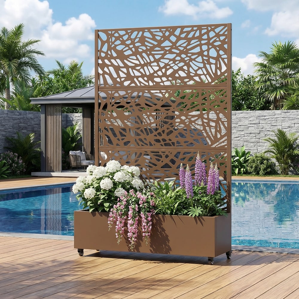 Metal Galvanized Planter Box with Trellis Privacy Screen Lockable Wheels