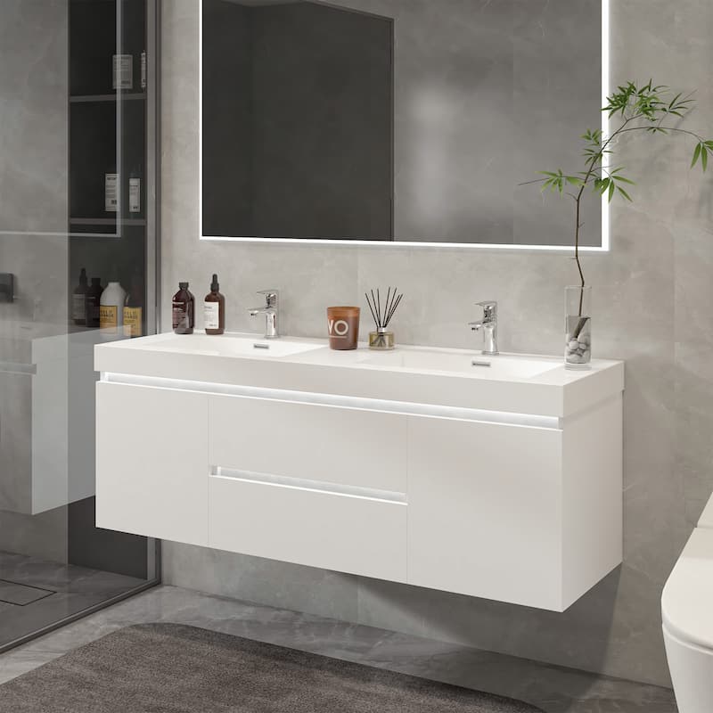 Vanity Art 60-Inch Double Sink Wall Hung Bathroom Vanity Set White Stone Top Glossy Finish with Sensor Switch