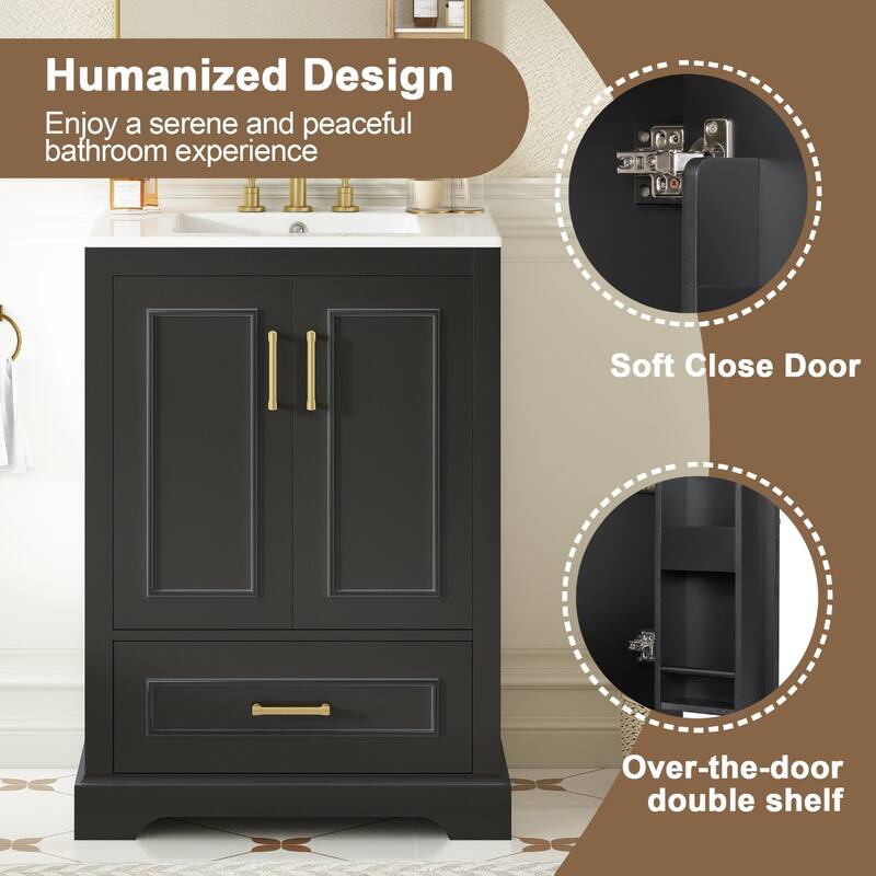 24"Bathroom Vanity with Sink, 1 Divided Drawer and 2 Soft Close Doors with Dual Door Storage Racks, Freestanding Vanity